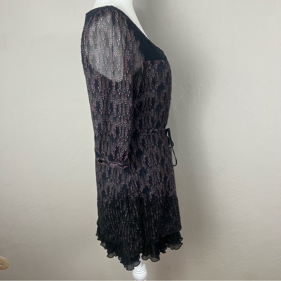 Free People Floral Boho Folk Leather Drawstring Chiffon Mini Dress Size Small - Picture 10 of 13